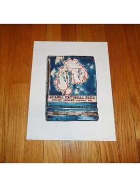 Vintage Acadia National Park Map Watercolor Matchbook Print 11" by 14" Maine